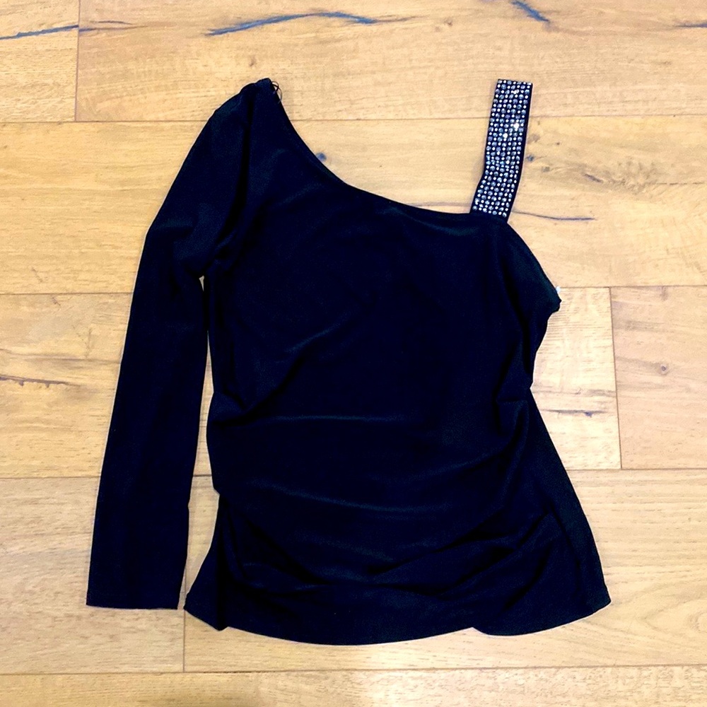 NWOT Women’s black rhinestone strap & long sleeve top - large
